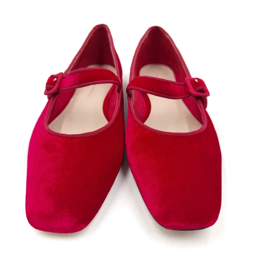 Loeffler‎ Randall Ginger Red Velvet Mary Jane Flats Square Toe Ballet Sz 9